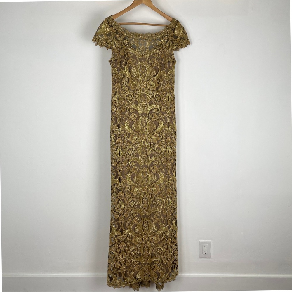 Tadashi Shoji Gold Lace Damask Gown Cap Sleeve ALX1812LY Womens 12 (FLAWS